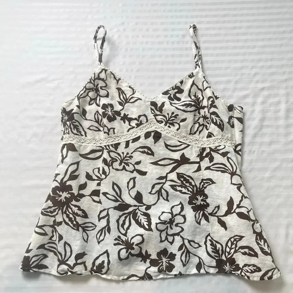 Bass Floral Linen Blend Cami Tank Top Brown Cream Boho Cottagecore Medium - Picture 9 of 10